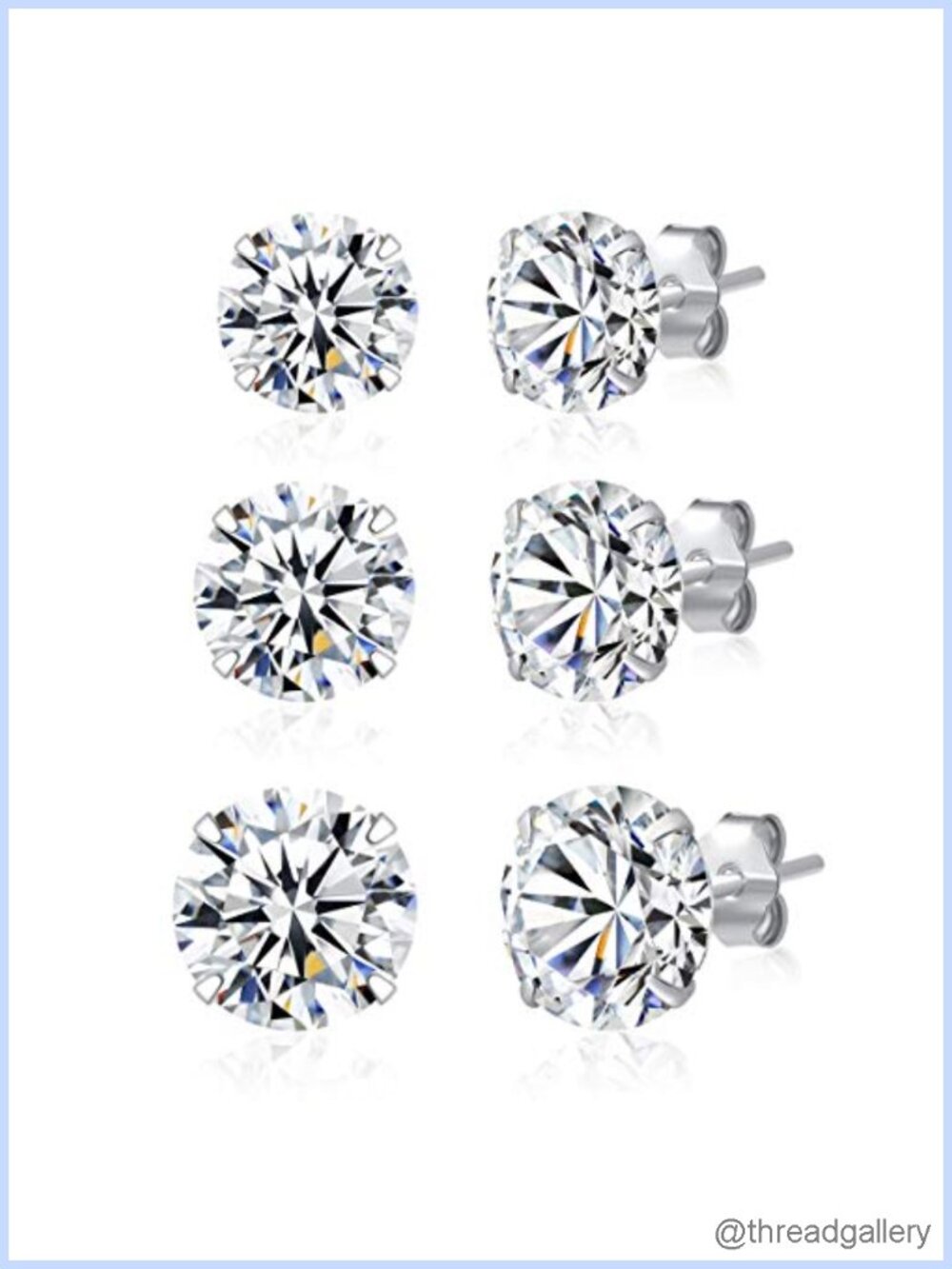 3 Pairs 925 Sterling Silver CZ Stud Earrings Set 3-8mm Gift Box